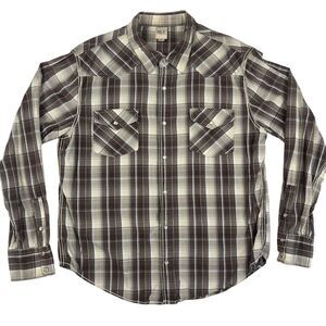 BKE Contour‎ Shirt Mens XL Pearl Snap Western Brown Beige Plaid Long Sleeve